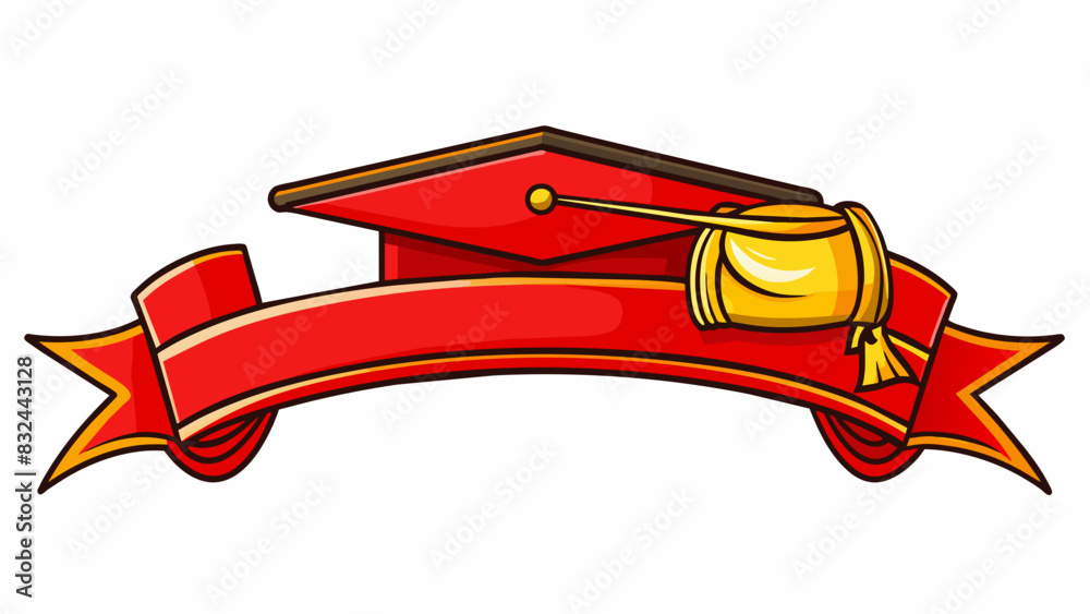 Poster a red ribbon with gold lettering and a stamped image of a graduation cap honoring someone for their 