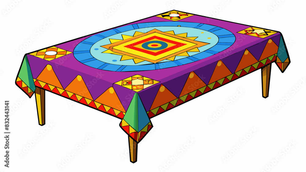 Poster A rectangular piece of fabric with colorful designs and patterns used to cover and protect a surface such as a table or desk. It is often found in. Cartoon Vector.