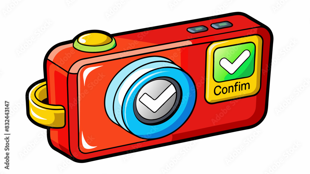Aufkleber A red confirm button on a digital camera allowing the user to permanently save and store their captured photo.. Cartoon Vector.