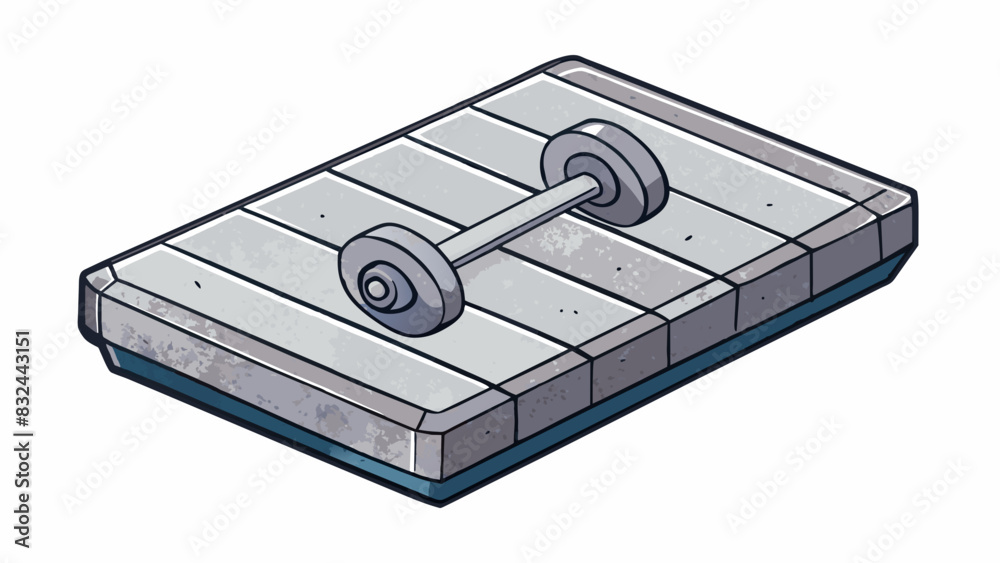 Poster A rectangular weight plate with visible grooves and markings indicating the weight. The iron material is dense and provides resistance for strength. Cartoon Vector.