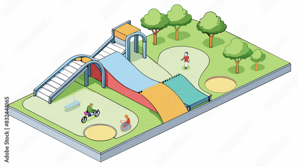 Poster a redesigned public park with accessible features such as ramps wider pathways and sensory play equi