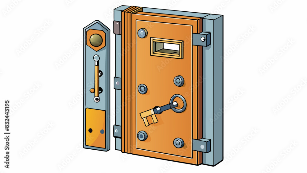 Poster A reinforced steel door with multiple locking bolts and a reinforced frame locked with a heavyduty deadbolt and a key that can only be duplicated by. Cartoon Vector.
