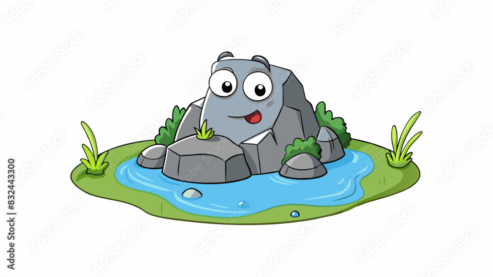 Poster A rock sitting in a pond always remaining in the same spot and unmoved by the waters flow.. Cartoon Vector.
