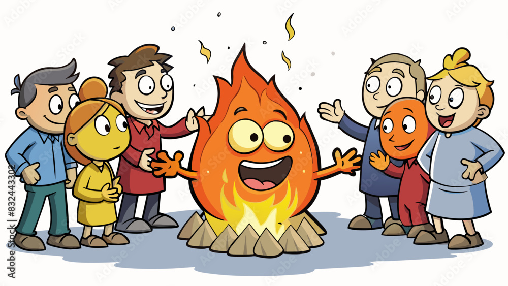 Poster a roaring fire crackling and dancing in the dark of night. its warm glow illuminates the faces of th