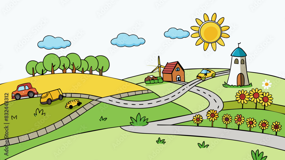 Poster a road trip through the countryside the rolling hills of the countryside stretch as far as the eye c