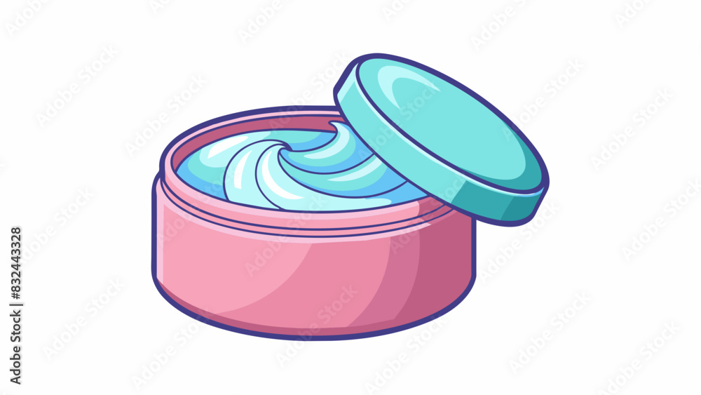 Poster A round plastic container with a lid that twists open and closed. Inside there is a creamy substance with a pleasant scent. It is used to moisturize. Cartoon Vector.
