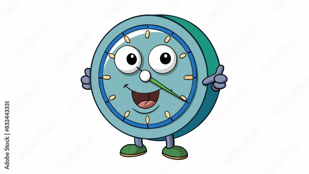 Poster a round plastic clock with black hands and numbers hanging on a white wall.. cartoon vector.