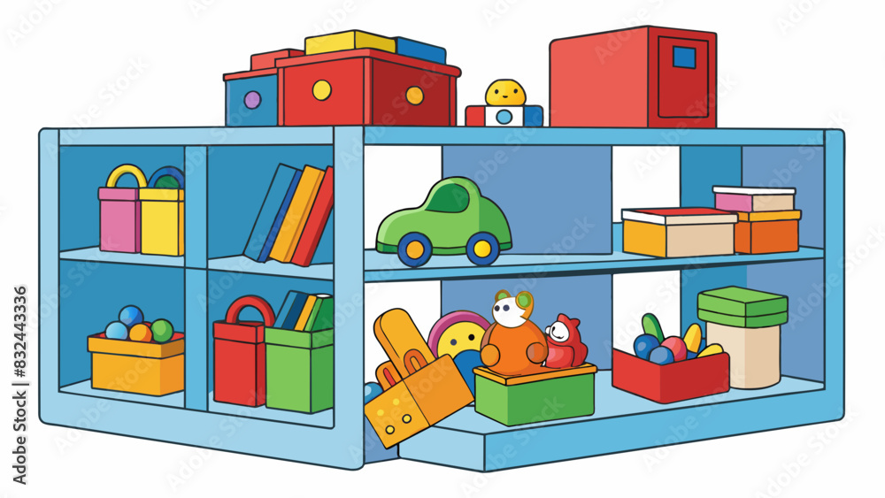 Poster a room with all the toys put away in their designated bins the books and games organized on shelves 