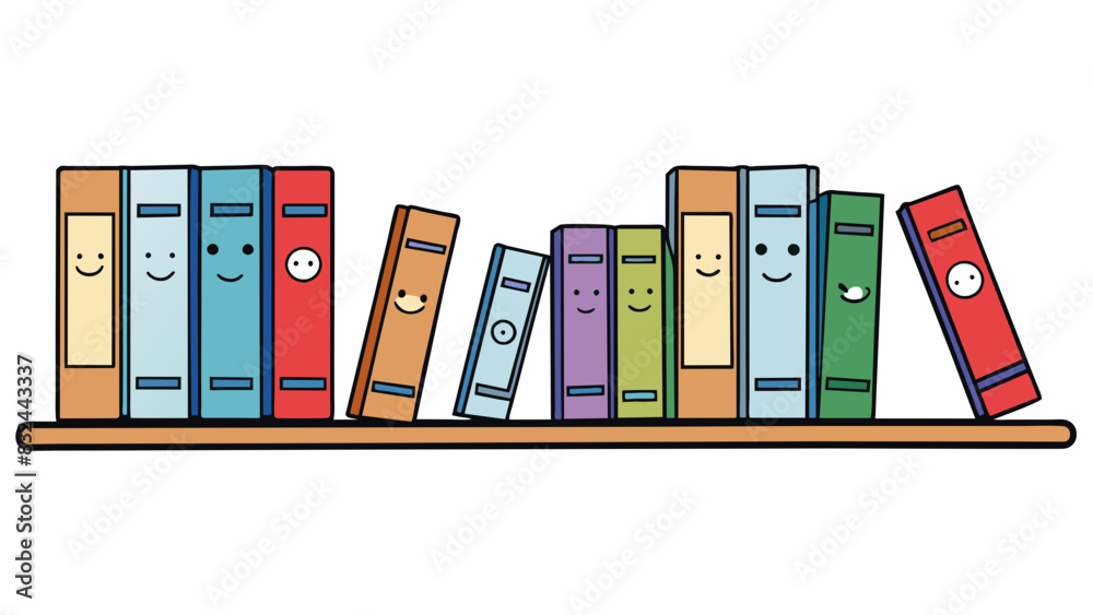 Poster A row of books on a shelf are arranged in a straight line with each book standing upright and evenly spaced from the next creating a neat and. Cartoon Vector.