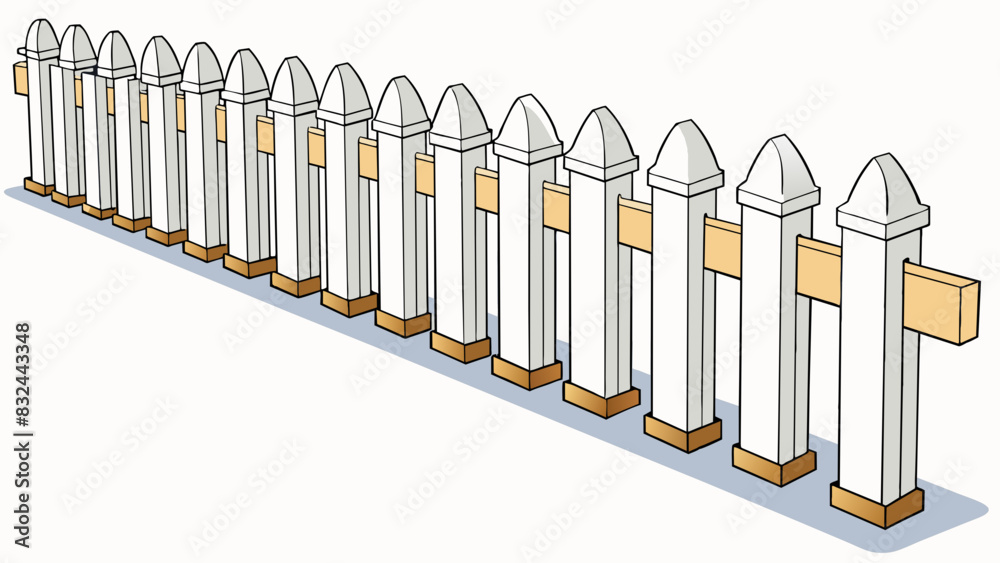Poster A row of identical white picket fences in a suburban neighborhood evenly spaced apart and extending down the street as far as the eye can see. Each. Cartoon Vector.