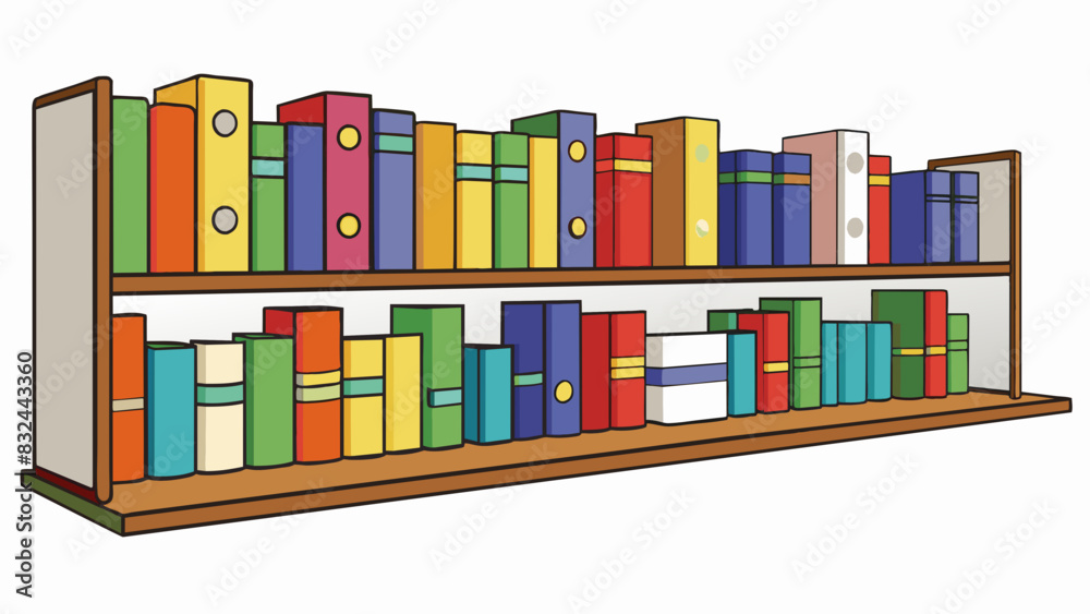 Poster A row of bookshelves in a library neatly organized and spaced equally apart. Each shelf contains books of the same size and color creating a. Cartoon Vector.