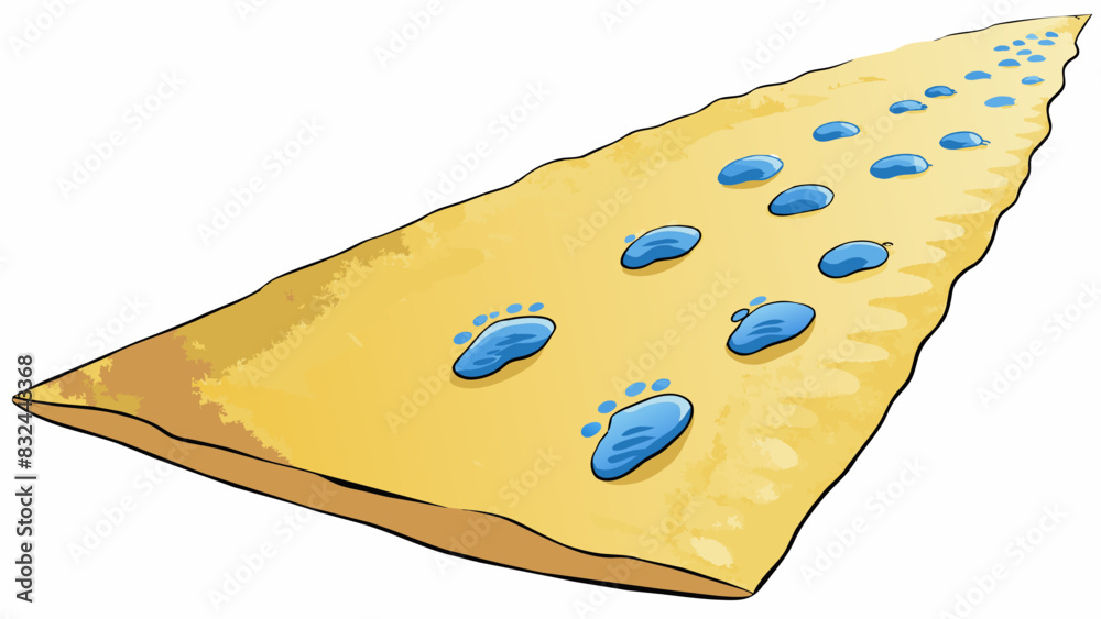 Poster A row of footprints in the sand each one slightly deeper than the last as they lead towards the ocean.. Cartoon Vector.