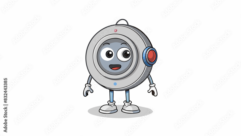 Poster A round silver speaker with a small light that turns on when it is receiving a voice command.. Cartoon Vector.