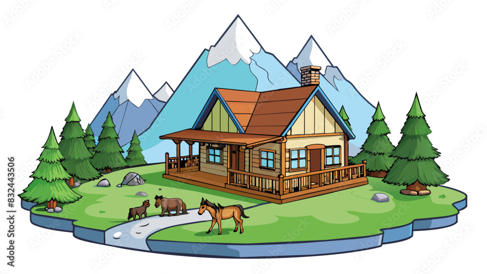 Poster a rustic mountain estate sits at the base of a towering mountain and includes a wooden cabin with a 