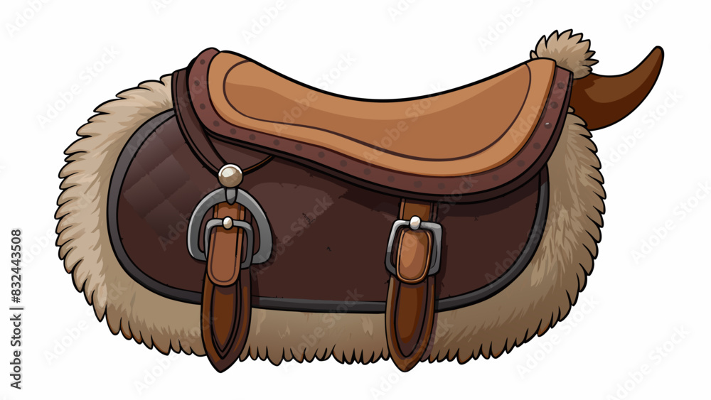 Poster a saddle the saddle is made of dark brown leather and is padded with soft fur for comfort. it has a 