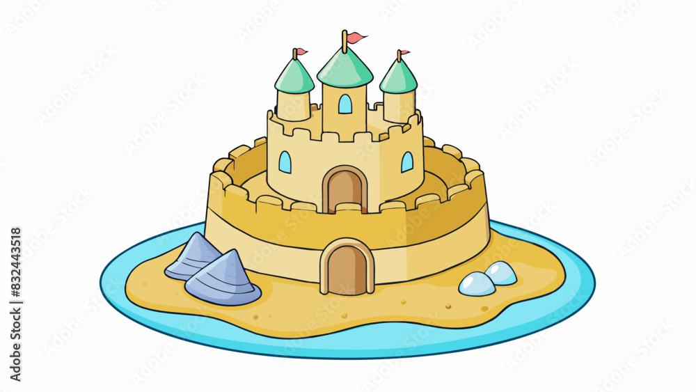Poster a sandcastle a small castle made of wet sand at the beach. the walls are smooth and rounded and ther