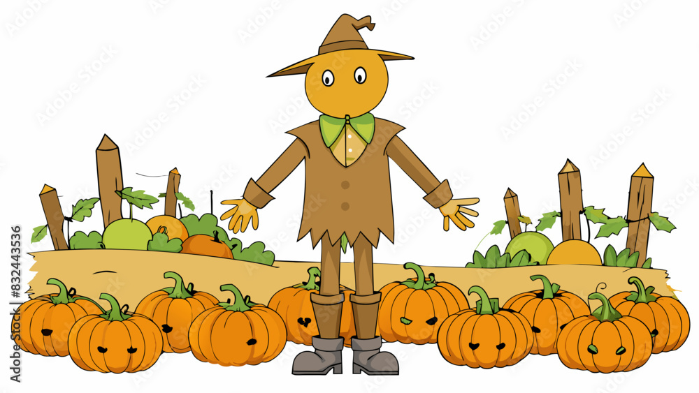 Poster A scarecrow stands tall in a field its tattered clothes flapping in the gentle breeze guarding rows of plump pumpkins.. Cartoon Vector.