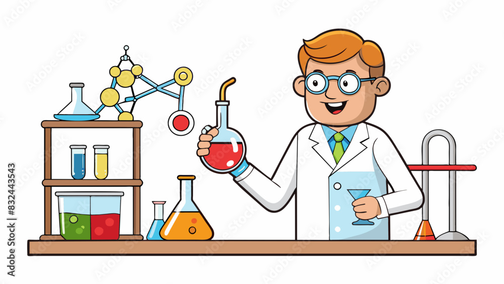 Aufkleber A scientist studies a complex chemical reaction each step derived from the previous one as they work towards a breakthrough.. Cartoon Vector.