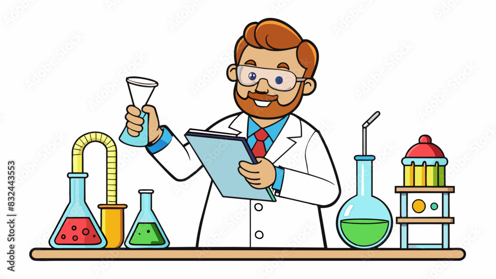 Aufkleber A scientist is determined to undertake an experiment to test a new hypothesis. He gathers all the necessary equipment carefully measuring out precise. Cartoon Vector.