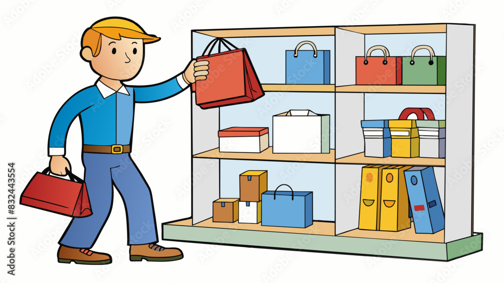 Poster A salesperson transferring products from a display shelf to a customers shopping bag carefully arranging and protecting each item as they go.. Cartoon Vector.