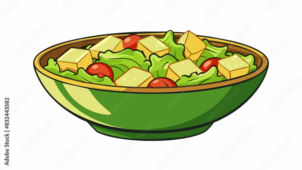 Poster A salad bowl filled with a mix of fresh greens diced veggies and chunks of cheese creating a balanced mix of textures and flavors.. Cartoon Vector.