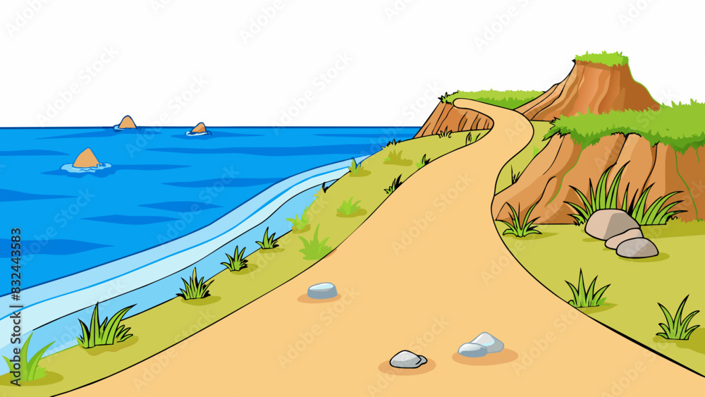 Poster A sandy path tracing the coastline with the crystal blue ocean on one side and rustling dune grass on the other. The path is dotted with seashells and. Cartoon Vector.