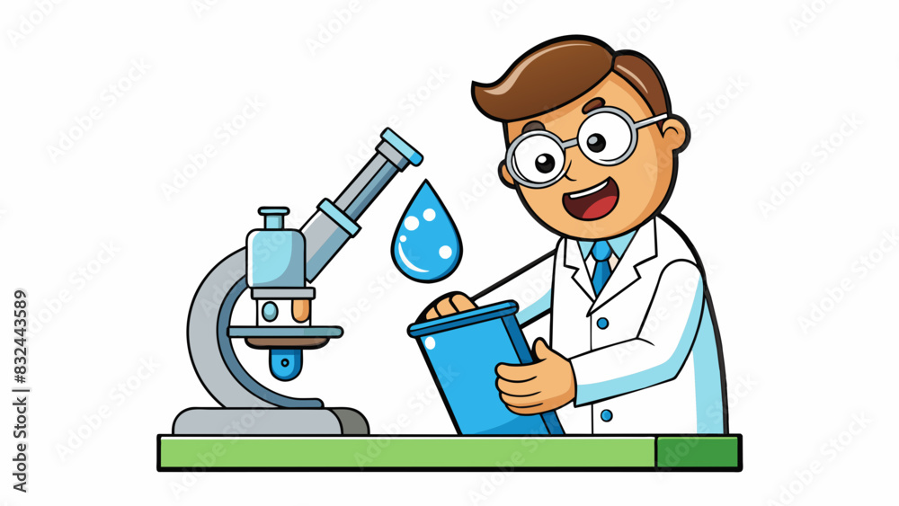 Aufkleber A scientist in a laboratory using a microscope to study a drop of water noting the movement and appearance of tiny microorganisms and conducting. Cartoon Vector.
