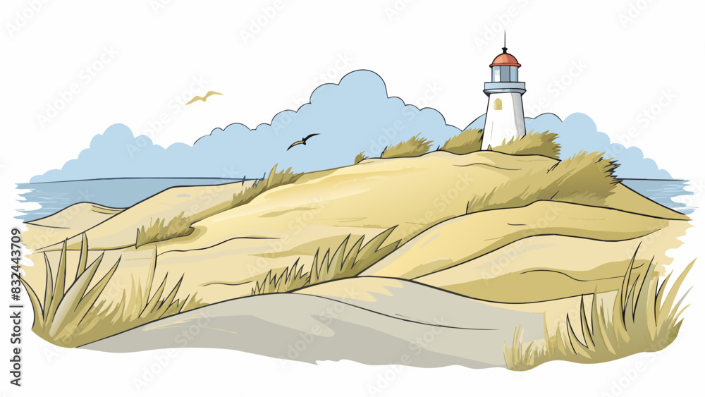 Poster a serene windswept coast with rolling dunes covered in tall wispy grass. the sand here is a mix of p