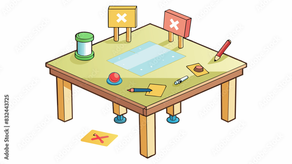Poster A set of instructions for assembling a basic table written in a confusing jumble of words and pictures. Following these instructions would result in a. Cartoon Vector.