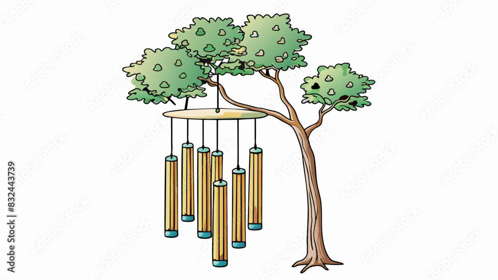 Poster A set of wind chimes hanging from a tree creating a melodic sound with each gentle breeze. The chimes represent the belief in the power of nature and. Cartoon Vector.