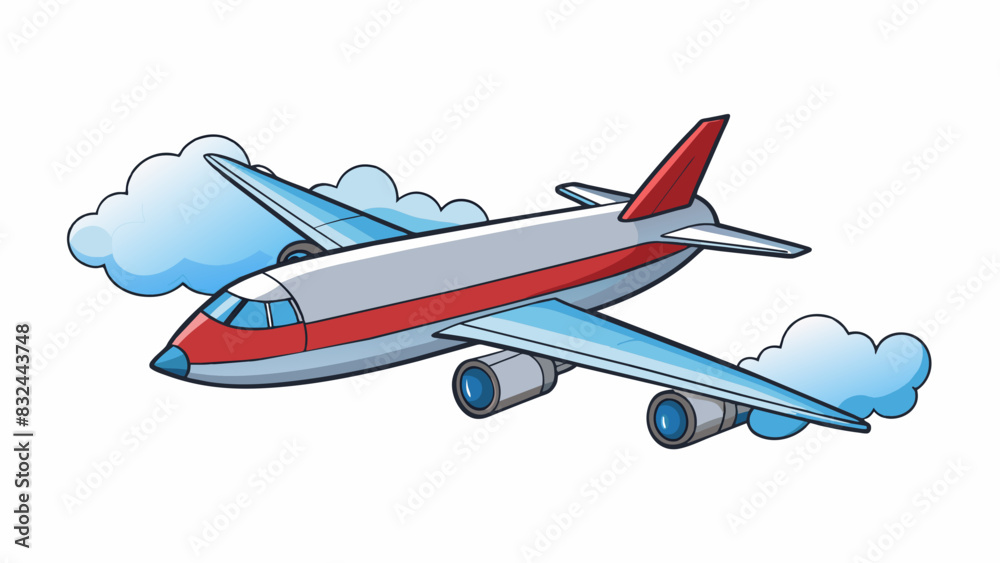 Poster A shiny metallic airplane soared high in the sky its wings slicing through the fluffy clouds as it headed towards its unknown destination.. Cartoon Vector.