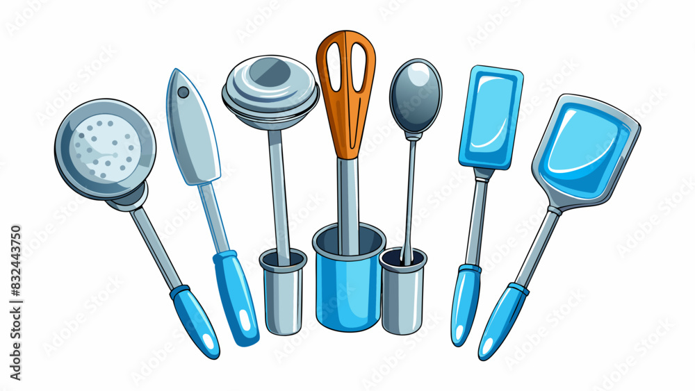 Poster a set of sleek stainless steel kitchen utensils with a bright polished finish. they are strong and s