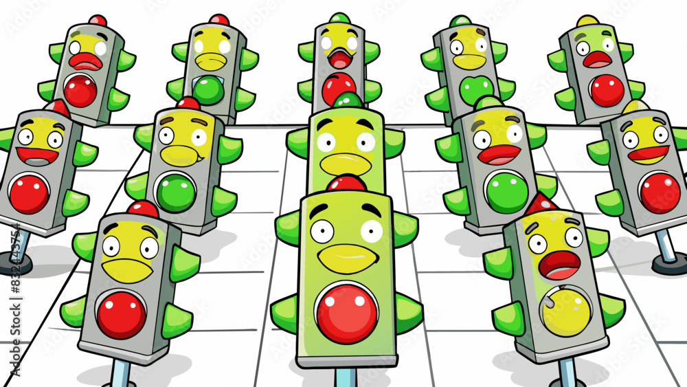 Poster A set of traffic lights changing from red to yellow to green in a repeating pattern.. Cartoon Vector.