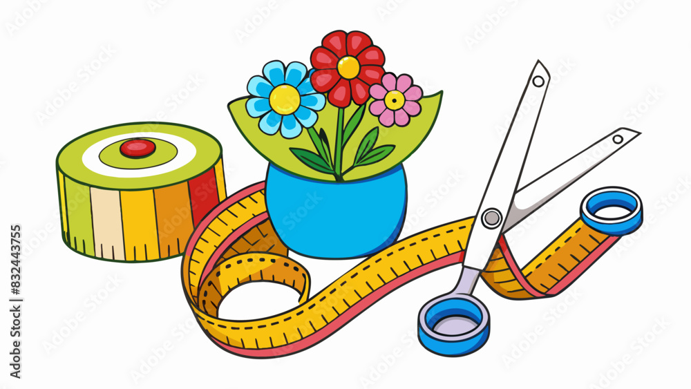 Fototapete A sewing kit with a pair of scissors a tape measure and different spools of thread. The scissors have sharp blades and handles with a floral pattern. Cartoon Vector.