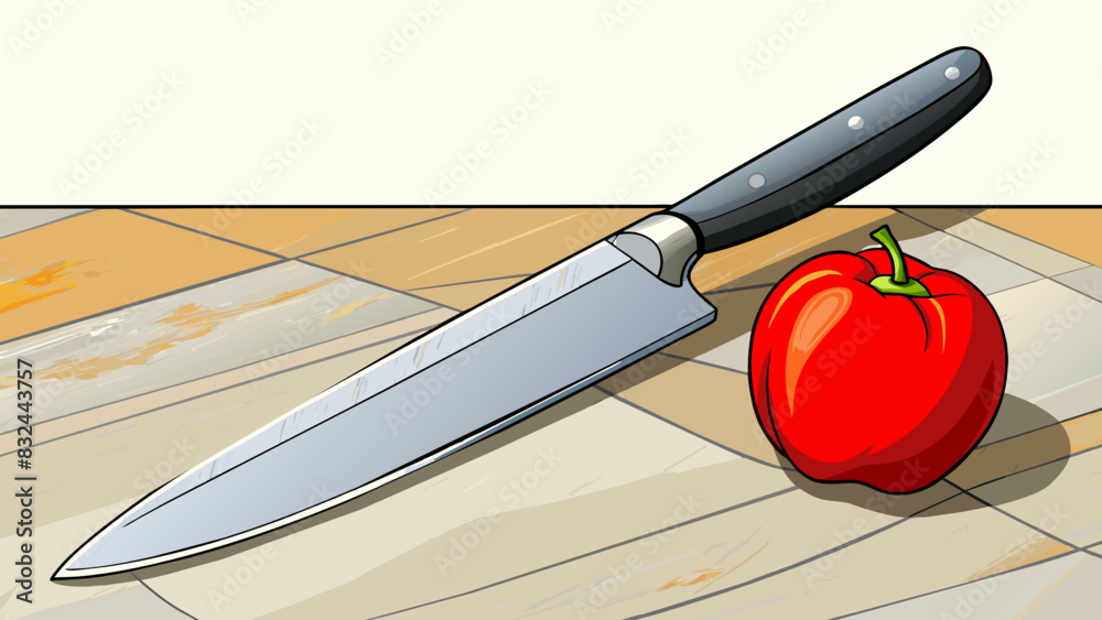Poster A sharp silver knife with a serrated edge and a black handle resting on a marble countertop next to a ripe red apple.. Cartoon Vector.