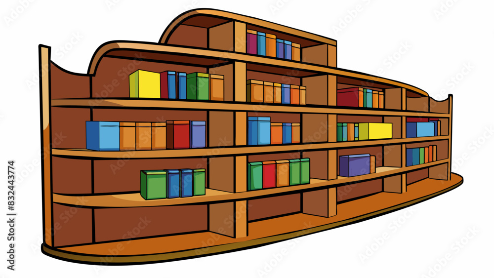 Poster A set of wooden bookshelves with multiple levels and sy edges to retain books and prevent them from falling or sliding off.. Cartoon Vector.