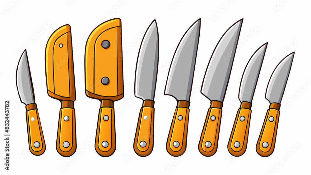 Aufkleber A sharp kitchen knife set with ergonomic handles and ultrasharp blades including a variety of sizes for different tasks.. Cartoon Vector.