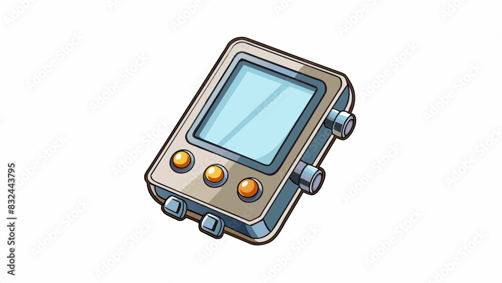 Poster A shiny metallic device with buttons on one side and a small screen on the other. It emits a soft dull light and can be easily held in the palm of. Cartoon Vector.