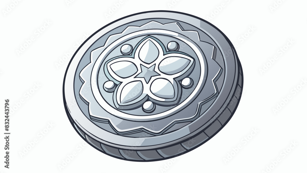 Poster A shiny silver coin with intricate patterns engraved on its surface.. Cartoon Vector.