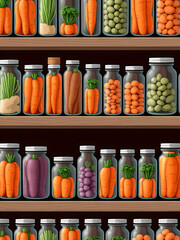 clipart of shelves with jars and bottles filled with chunky carrots