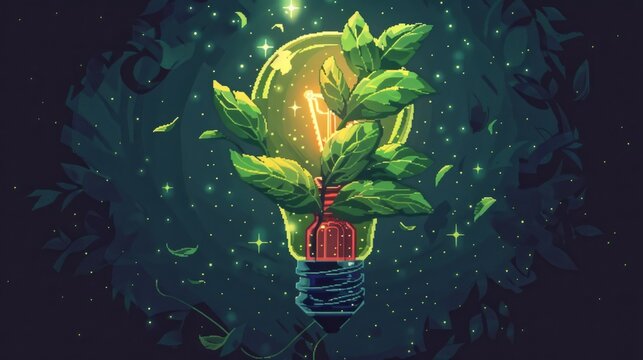 Glowing lightbulb with green leaves in a night sky for eco-friendly designs