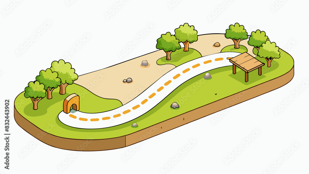 Poster A simple track runs through the park surrounded by grassy fields and trees. The path is made of worn gravel and is popular a joggers and dog walkers.. Cartoon Vector.