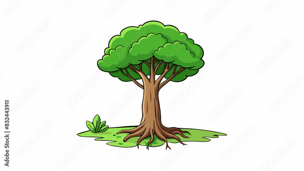 Poster A single tree growing tall and strong in a field its leaves rustling in the wind as it stands independent from other trees in the surrounding forest.. Cartoon Vector.