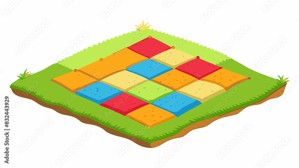Poster a simple handmade quilt spread out over a grassy field. the quilt is made up of different colored pa