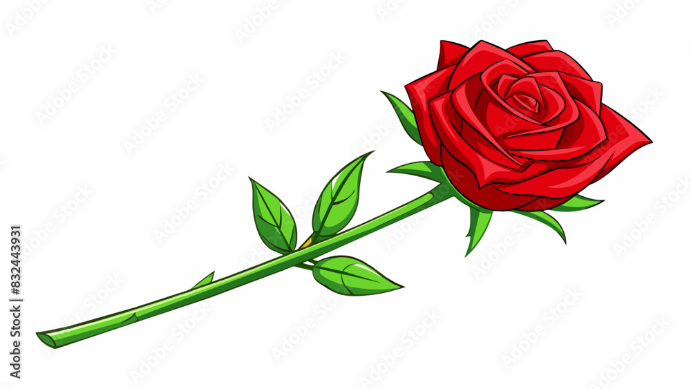 Poster a single red rose long thorns and delicate petals with a subtle sweet scent.. cartoon vector.
