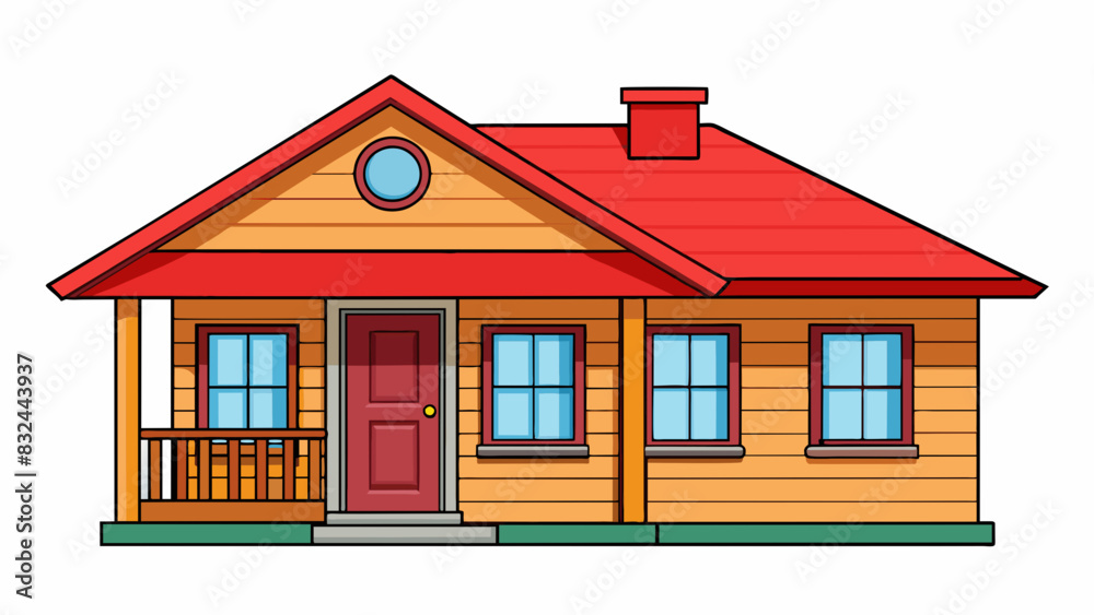 Poster a singlestory house with a red roof a wooden porch and only two windows.. cartoon vector.