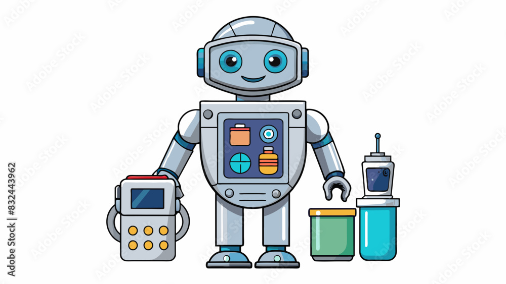 Poster A sleek and modernlooking robot with a sleek metal exterior and a digital screen displaying a variety of products representing a futuristic and. Cartoon Vector.