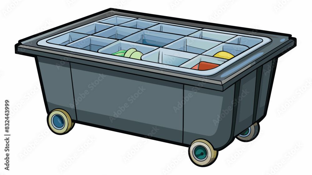 Poster a sleek black plastic storage bin with a transparent lid and wheels at the bottom for easy mobility.