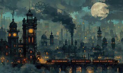 Steampunk cityscape with clock towers and steam trains, muted colors, vintage, highdetail illustration, classic and atmospheric,