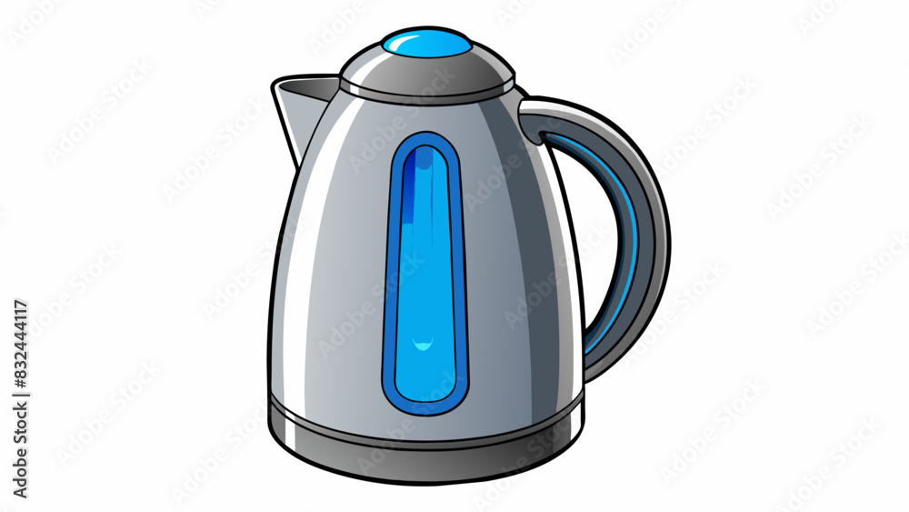 Poster A sleek stainless steel kettle with a curved spout and a pushbutton lid. It also has a temperature control feature and glows blue when the water is. Cartoon Vector.